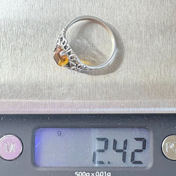 VTG Sterling Silver 925 Amber Prong Set Floral Design Statement Ring Size 7 - Picture 7 of 8